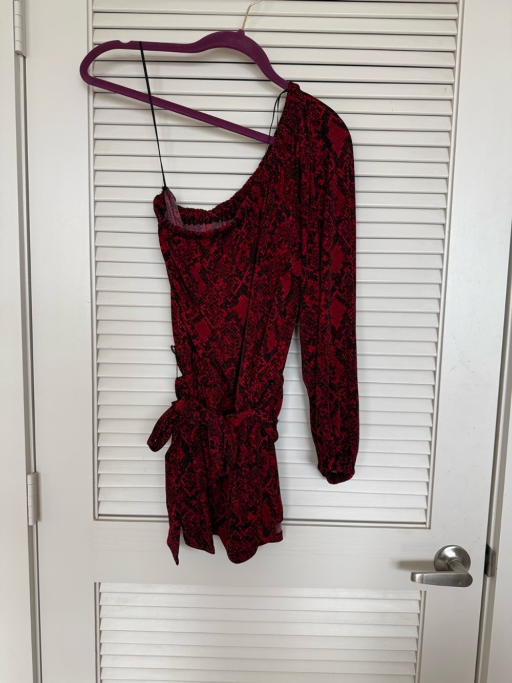 Michael Kors Red & Black One-Shoulder Snake-Print Blouse